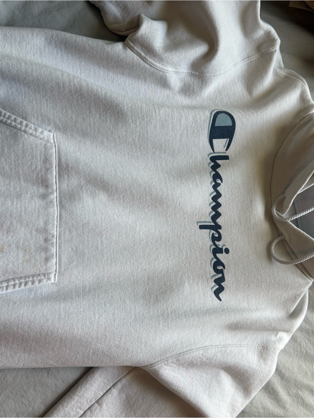 Champion Cream Hoodie with Vertical Navy Script